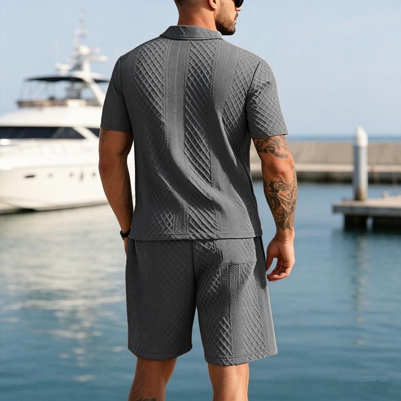 2026 Summer Fashion Sports Style Short Two Piece Set Men's Casual Solid Color Jacquard Short Sleeves Pullover POLO Shirt Shorts 2 Piece Sets