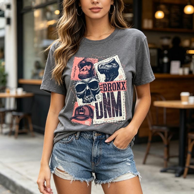 Vintage Bronx Schädel Collage Grafik T-Shirt Unisex Unisex Baumwolle Kurzarm Lässig Streetwear Top Y2k