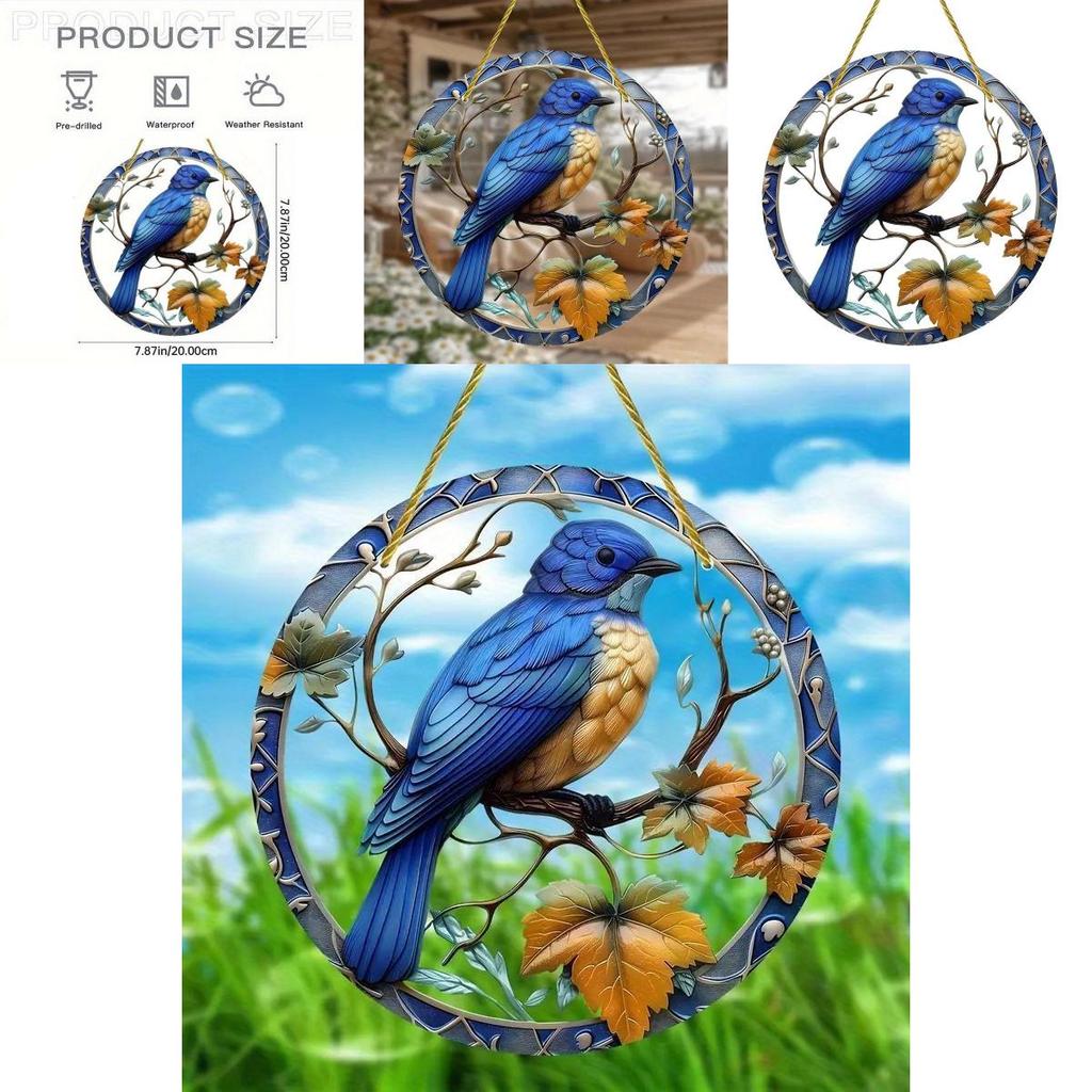 Simulated Blue Bird Branch Pattern Circular Acrylic Pendant For Garden Outdoor Decor