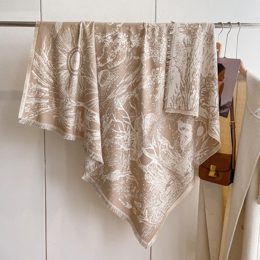 Korean Version Scarf Women'S Versatile Double-Sided Fringed Imitation Cashmere Shawl Fashion Flower Thickened Warm Scarf
