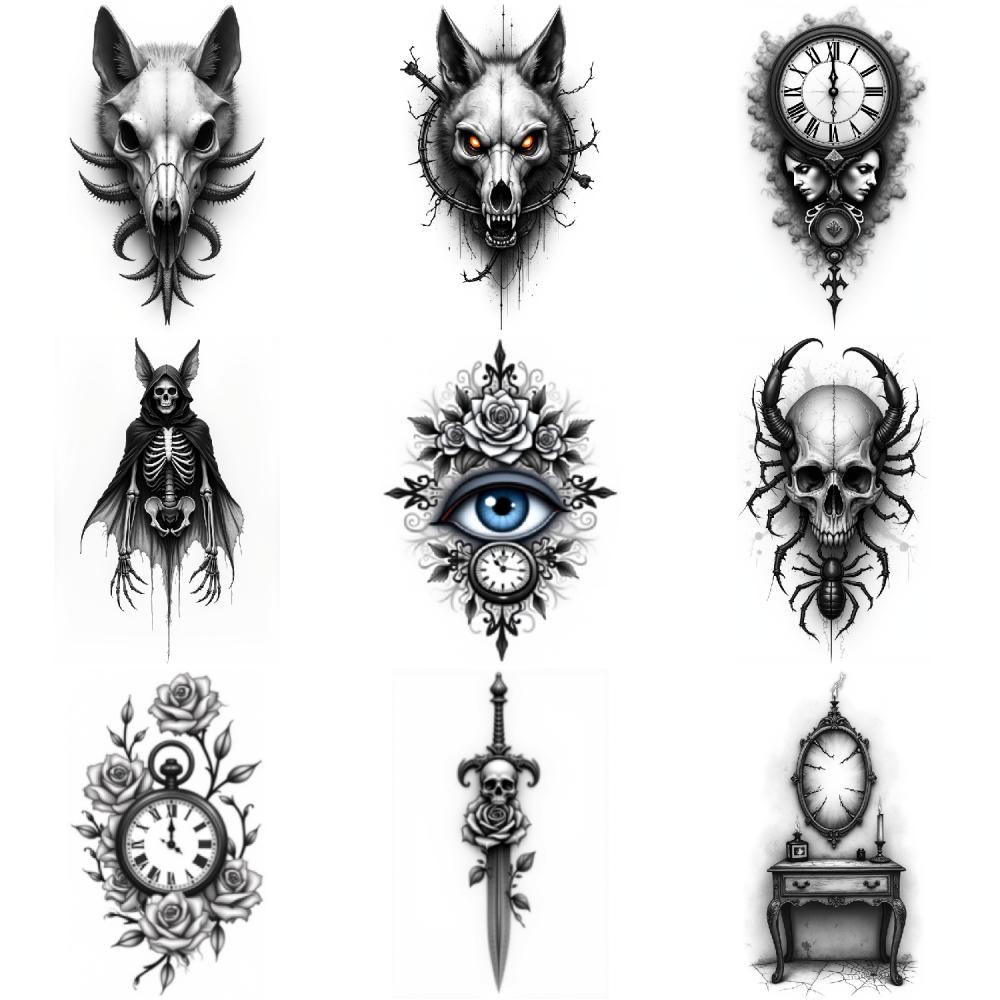 3pcs Temporary Tattoo Black And Grey Realism Skull With Tentacles Clock With Roses Mirror And Candle For Men Adults Thighs