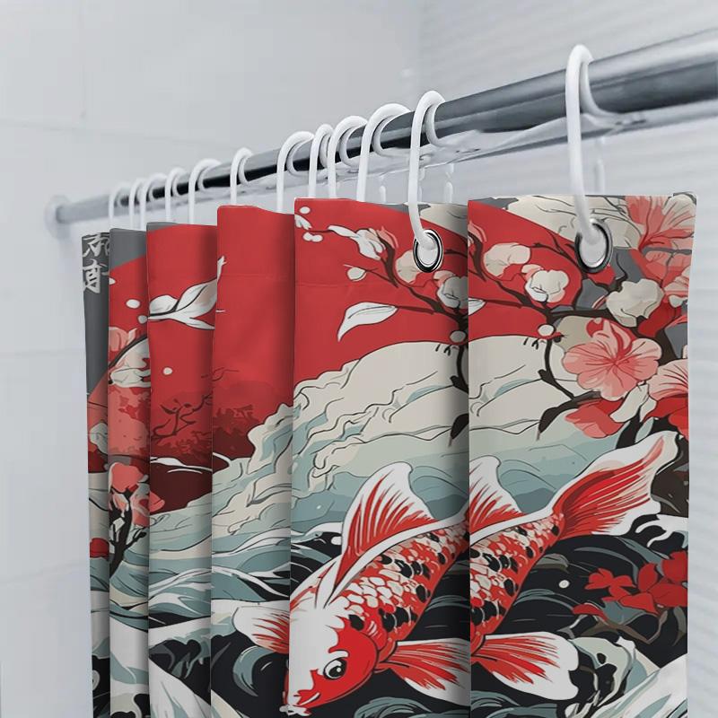 Japanese Red Fish Bath Curtainfloral Print Waterproof Shower Room Decor, Modern Style Home Decoration Wall Hanging Bathroom Cove