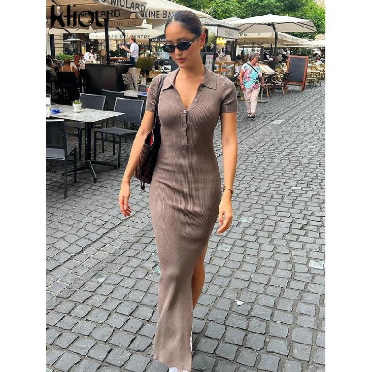 Elegant Office Lady Maxi Dress Women Solid Fashion Turn-down Collar Short Sleeve Button Side Slit Body-Shaping Street Robe