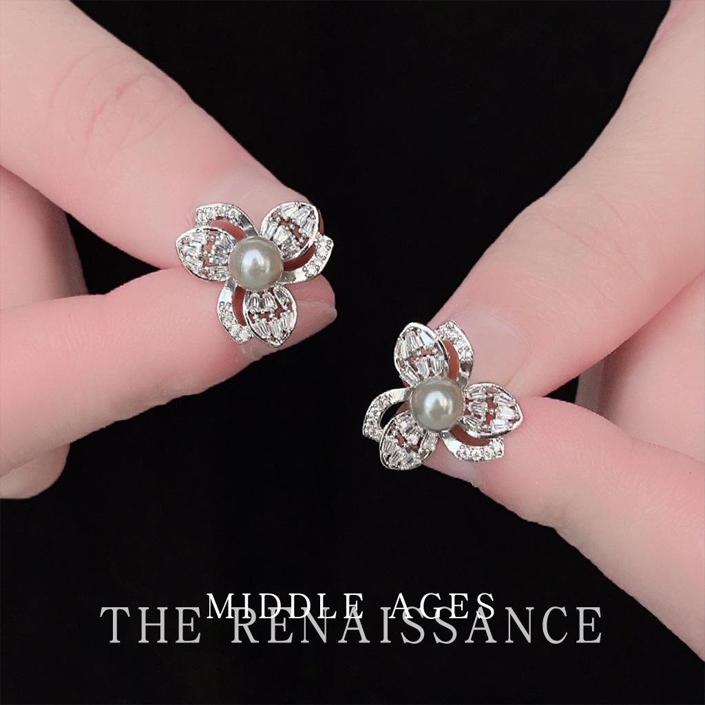 

Windy hemp gray glass pearl stud earrings zircon flower earrings ear jewelry