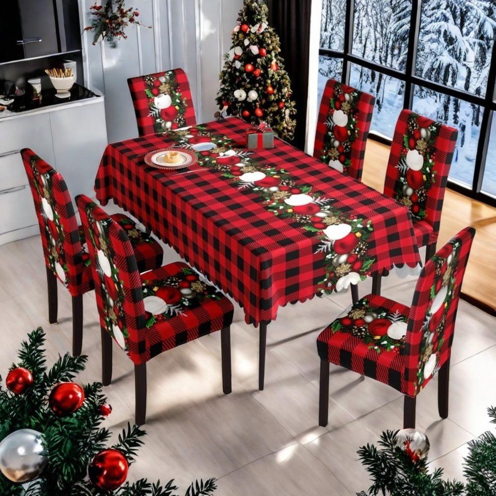 Christmas Waterproof Printed Tablecloth and Chair Covers Set Holiday Dining Decor