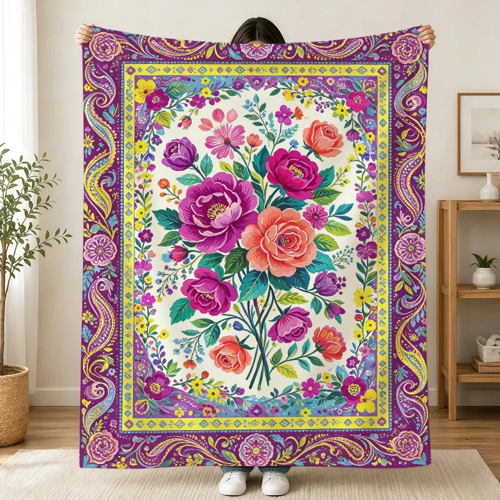 Bohemian Patchwork Style Vintage Floral Blanket Printed Flannel Soft Warm Cozy Season Nap Bed Sofa Travel Camping Gift Adult Kid