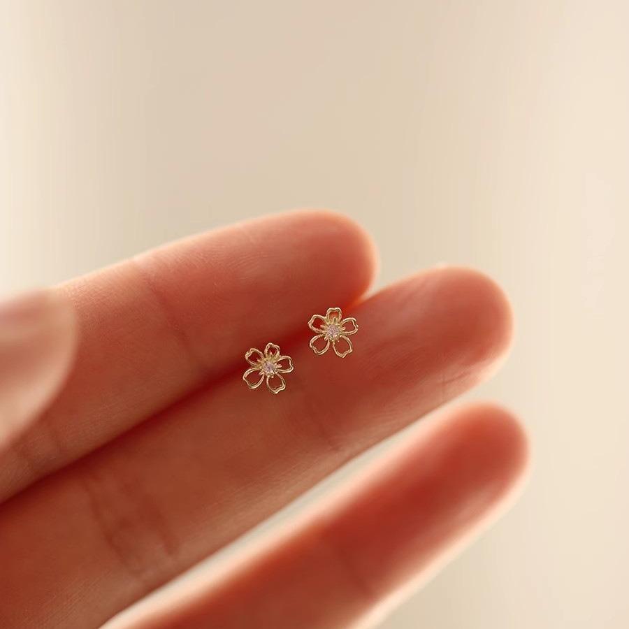 

Genuine 925 Sterling Silver Plated 14K Gold Pink Zircon Cherry Blossom Earrings For Women Romantic Earrings Fine Jewelry silver