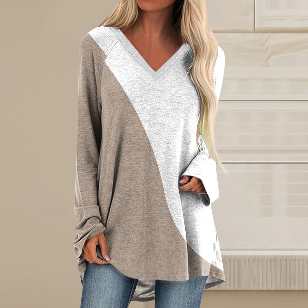 Women's Long Sleeved V-neck Color Casual Long Loose T-shirt Top