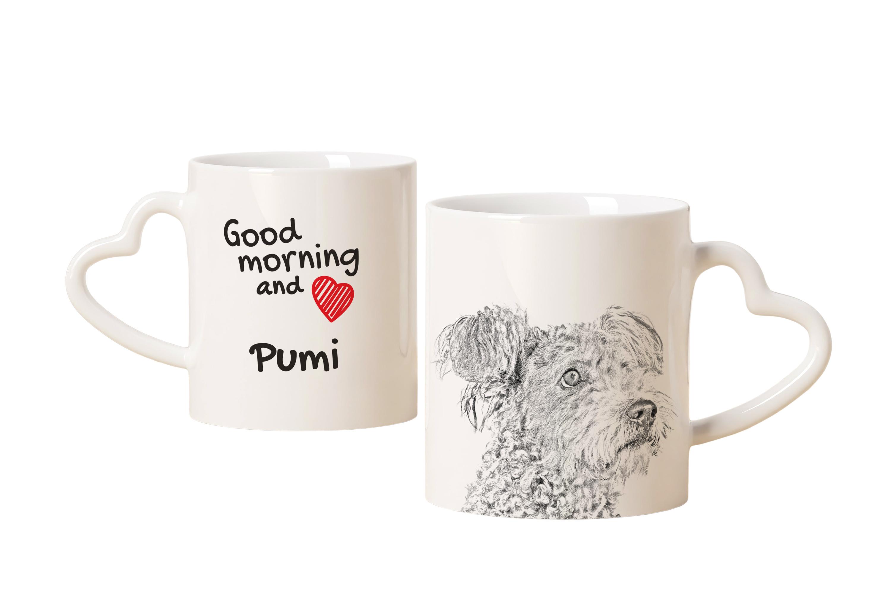 

Pumi, Hungarian Pumi, Hungarian herding terrier - cup with a dog, adorable cup with a heart-shaped handle, universal gift from the Art-Dog brand білий