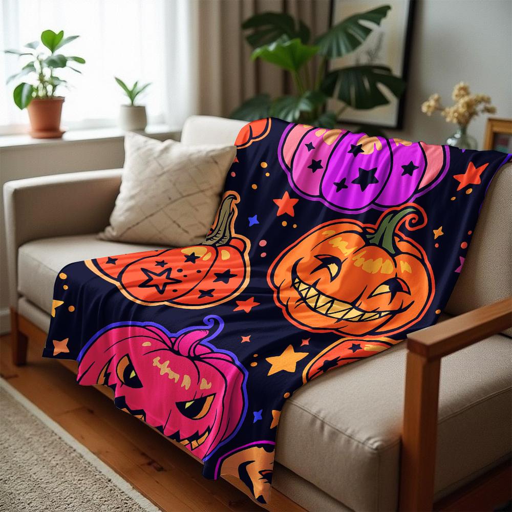 Neon Multicolor Pumpkin Star Cartoon Anime Print Flannel Blanket Soft Warm Throw for Kids Bedroom Sofa Christmas Office Car
