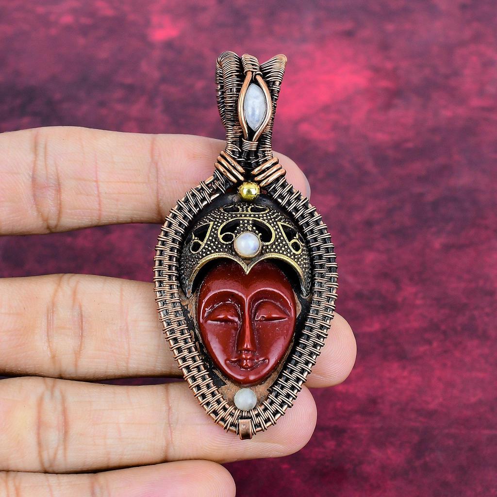 Red Carved Bone Face Pendant Rainbow Moonstone Pendant Copper Wire Wrapped Jewelry