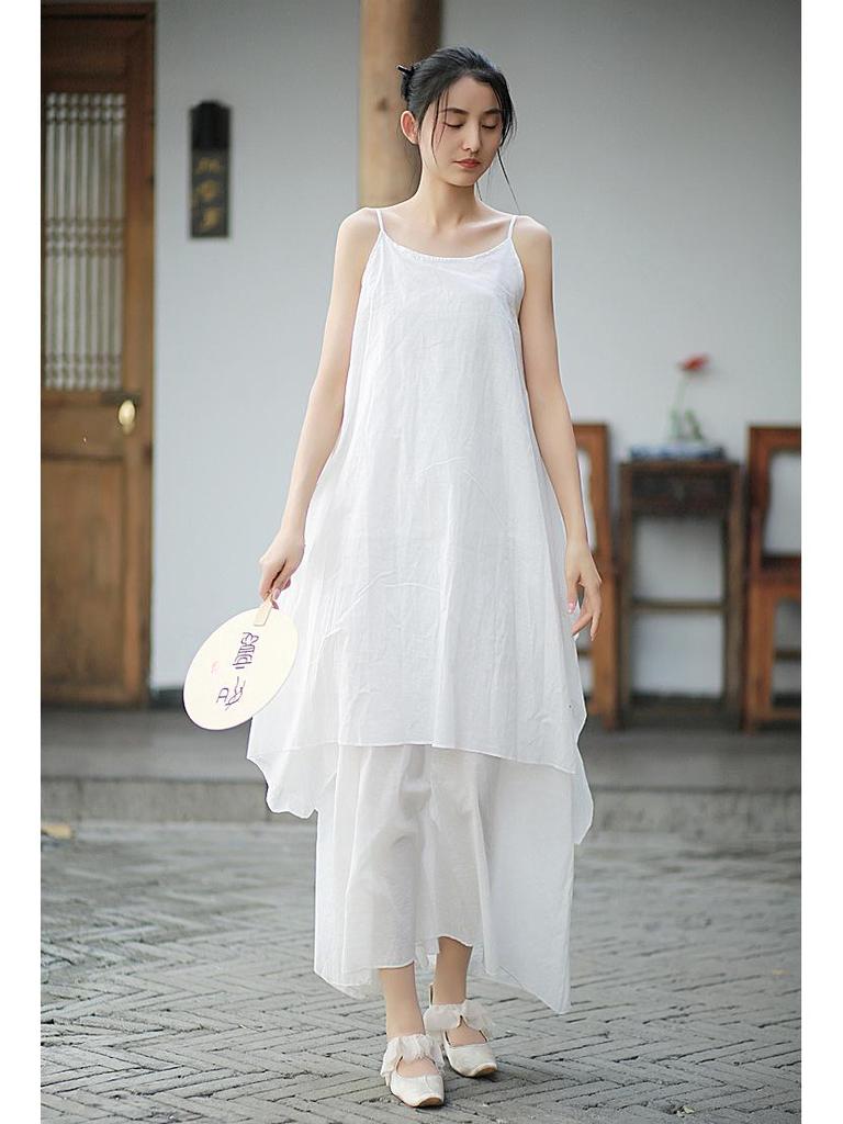 Jarní a letní zenová bavlněná dvouvrstvá asymetrická sukně na ramínka