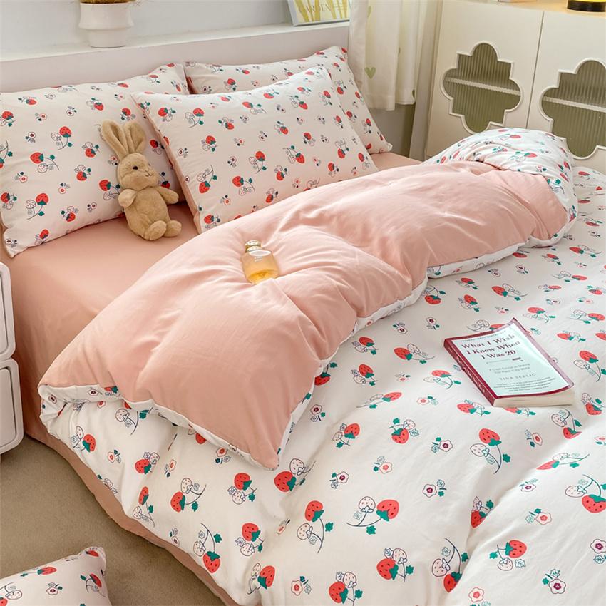 Korean Retro Floral Bedding Set 100% Washed Cotton Bed Sheets Set Soft Duvet Cover Bed Linen Pillowcase Single Double Queen King