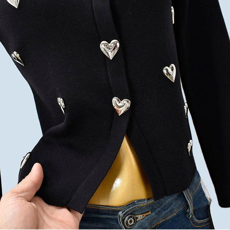 Spring New Elegant Gentle Sweet Heavy Industry Love V-neck Long sleeve Slim fit Cardigan Outerwear Knit Top