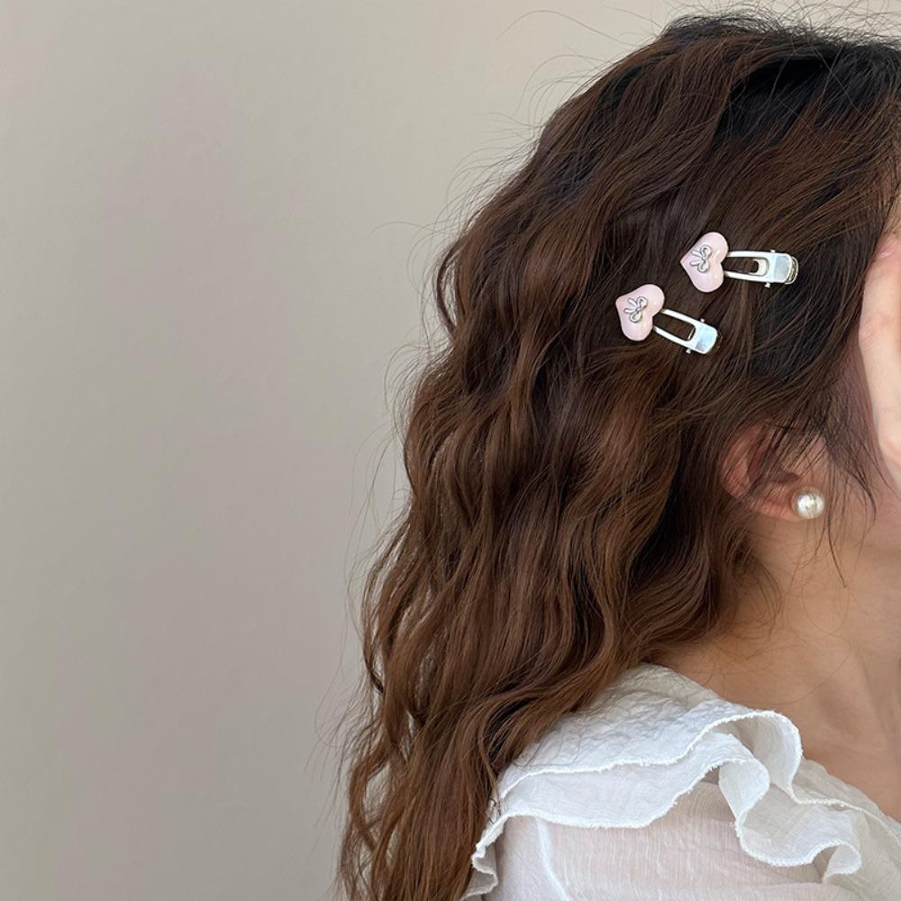 2pcs Sweet Love Bow Hair Clip Candy Color Duckbill Clip Mini Love Heart Hair Clip Ladies