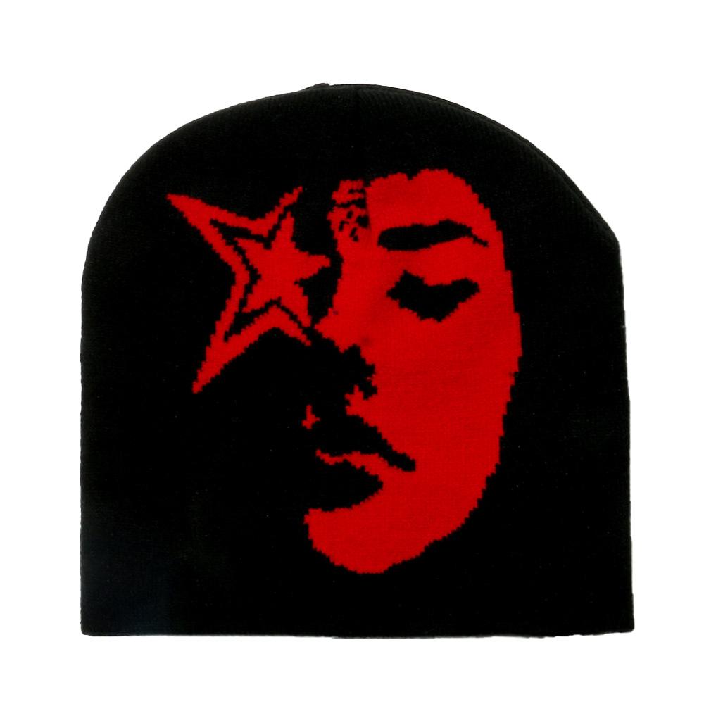 Y2K popular star woman singer pattern jacquard knitted hat hip hop personality warm winter hat woman