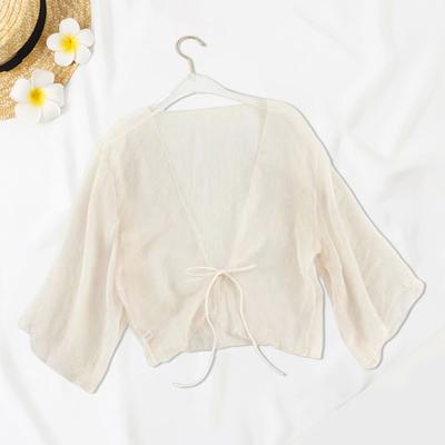 Women Sheer Cardigan with Front-tie Transparent Loose Top Retro Style Shawl for Vacation Beach Daily Wear