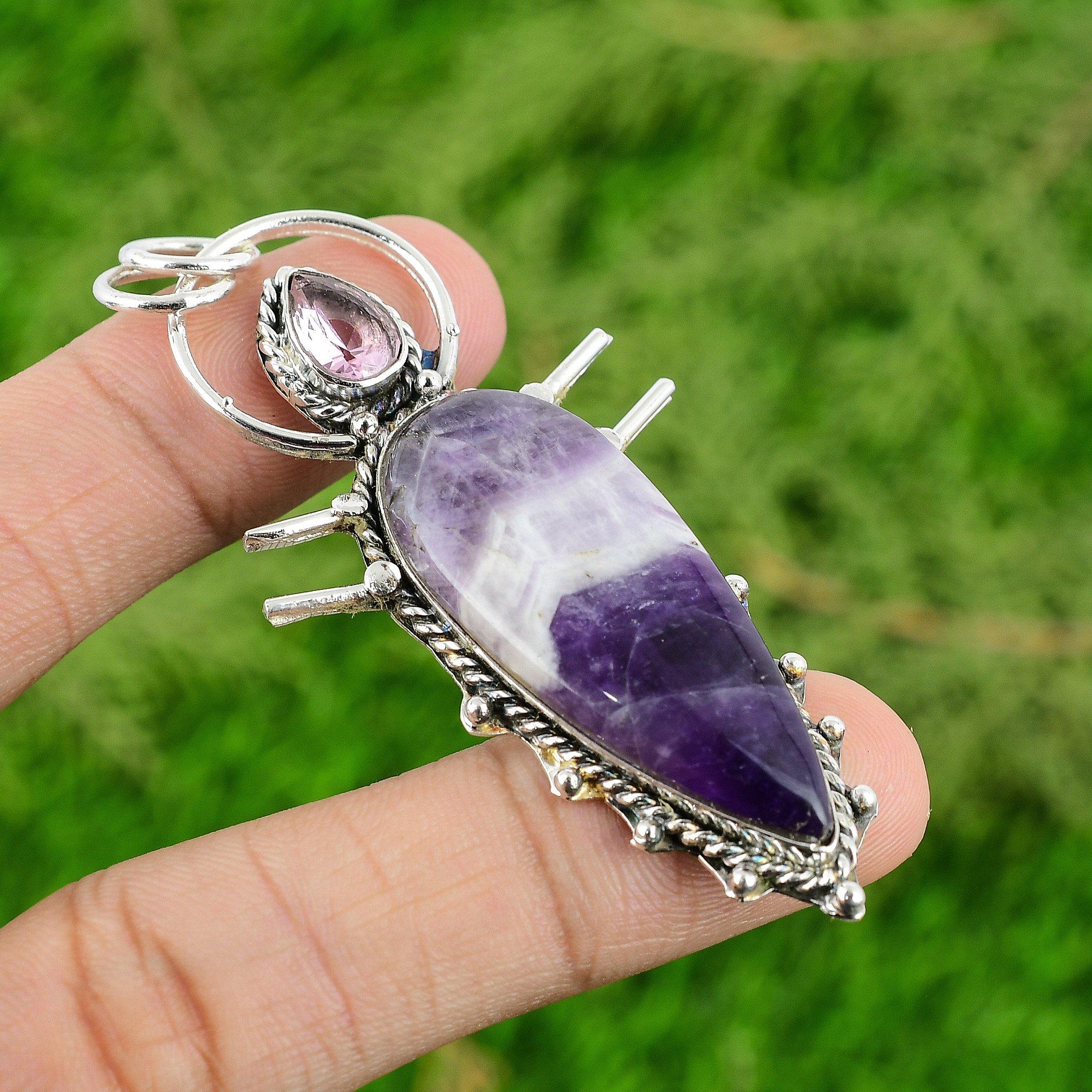 

Birthday Gift For Her Natural Chevron Amethyst Gemstone Pendant 925 Silver