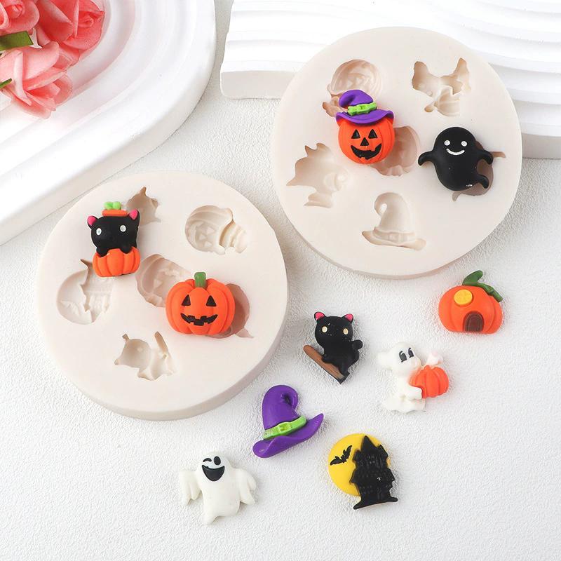 WTEMPO 4PCS 7.6*7.6*1.1CM Round Halloween Pumpkin Ghost Pattern Design Silicone Molds DIY Epoxy Resin Molds Halloween-themed Handicraft Making Molds