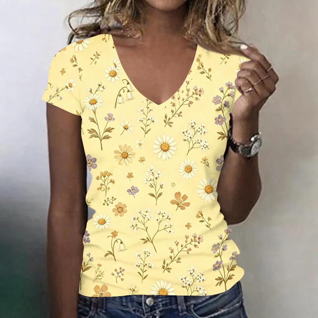 Women V Neck Short Sleeve Floral Print Casual Loose Fit T Shirt Lightweight Soft Fabric Comfortable Top for Daily Wear