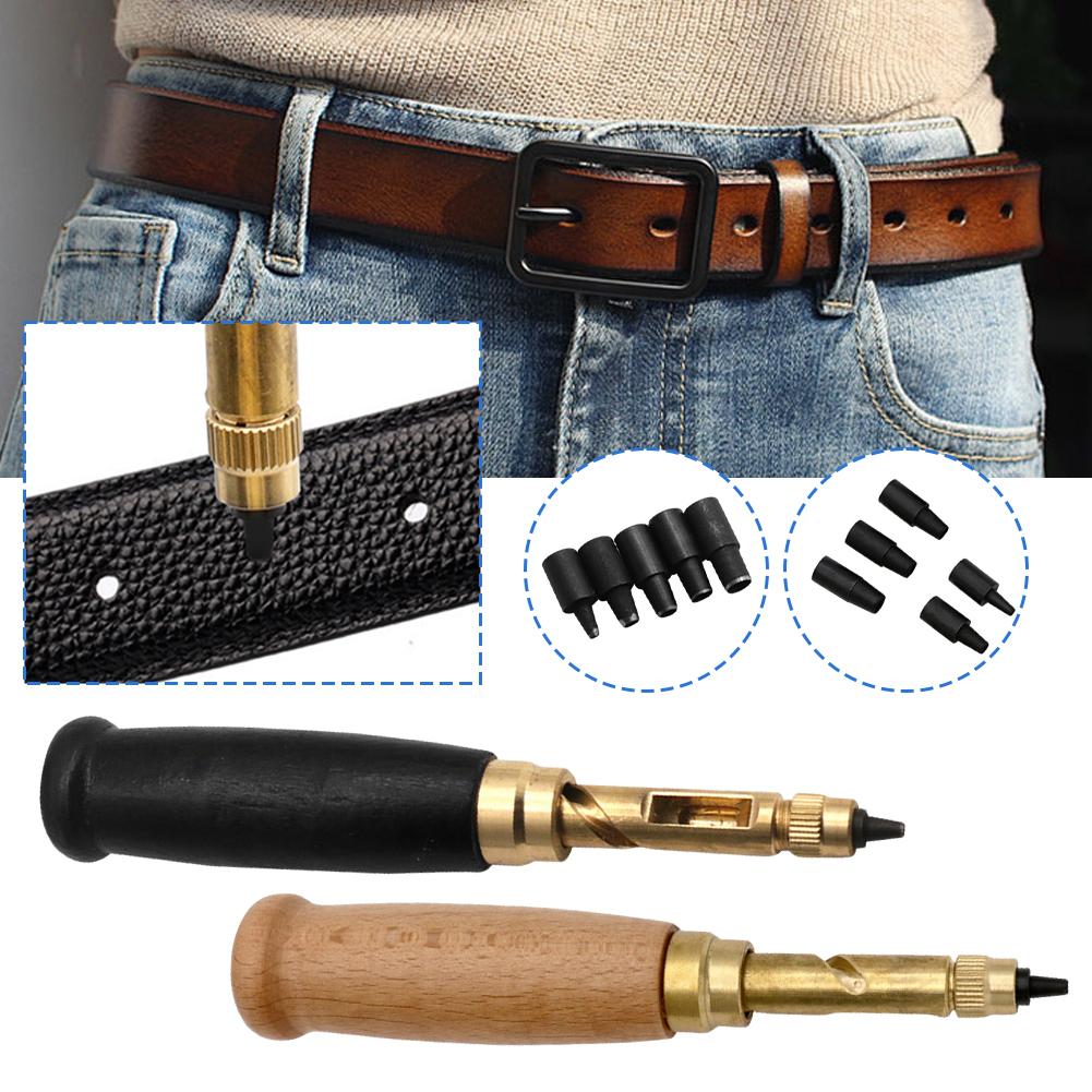 Leather Hole Punching Tool Automatic Puncher with Wooden Handle Hollow Hole Punch with 6 Tips for Leather Belt, Bag, Wristband