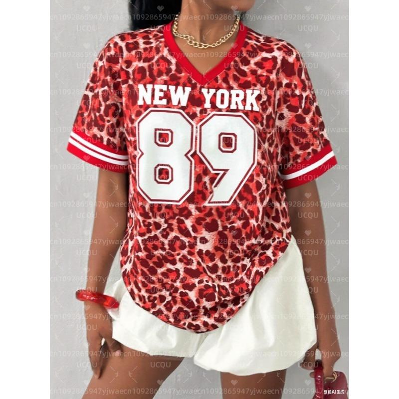 

Women s NEW YORK Leopard NO.89 Print V-Neck Short Sleeve T-Shirt Summer Graphic Tee Baseball Jerseys Plus Size Sport T-Shirt L