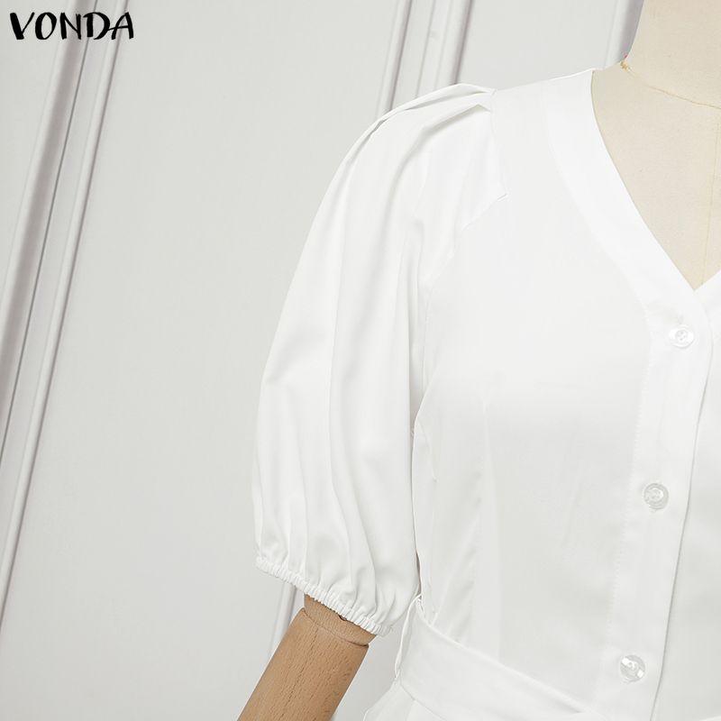 VONDA Women Casual V Collar Loose Half Sleeve Bow Knot Slim Waist Pleated Dress