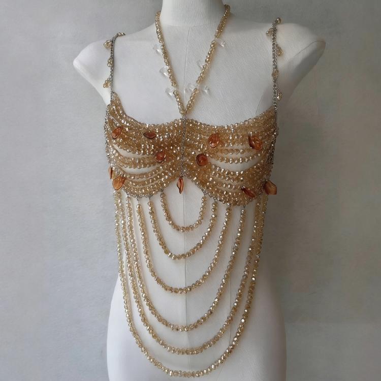 Beaded Body Chain Bra Multilayer Beaded Chest Chain Body Accessories Jewelry for Women Nightclub Raves Body Jewel