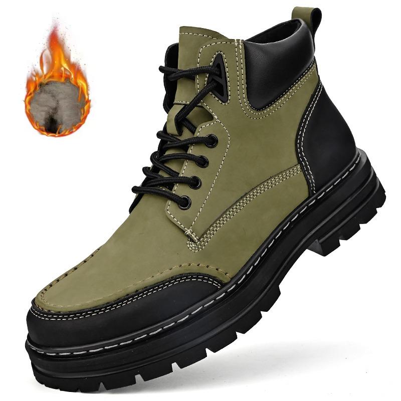New Winter Fleece Lining Warm Men's Leather Boots, Outdoor Hiking Anti-slip Short Boots, All-season Men's Boots and Casual Boots