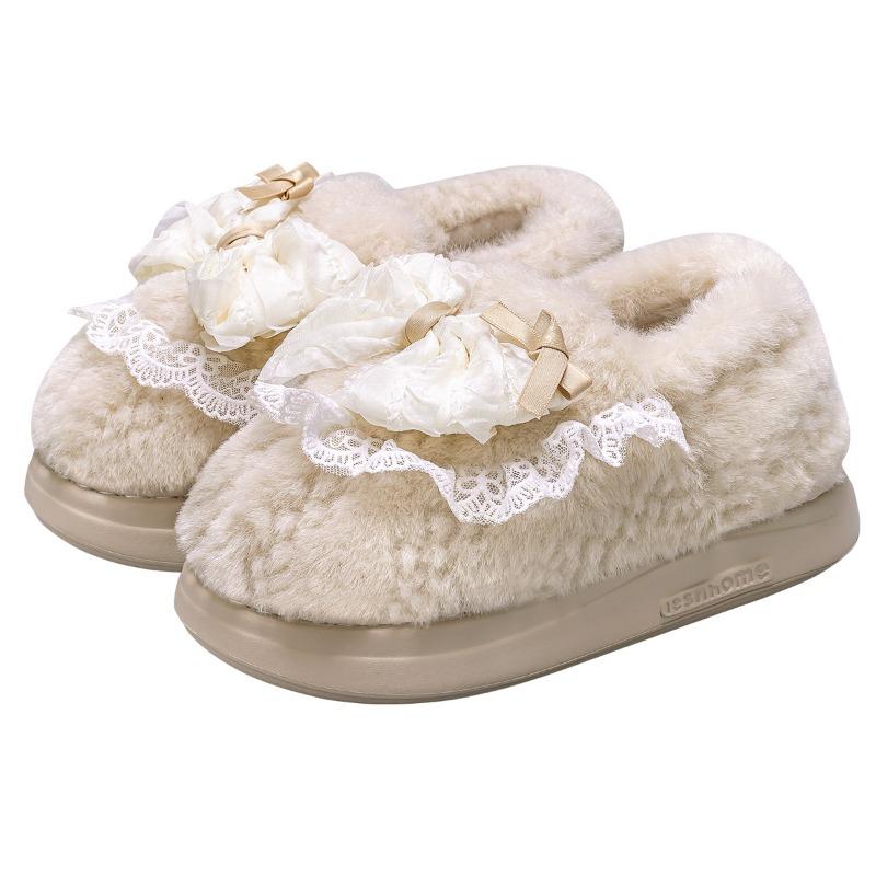Bow Cotton Slippers Women's Winter Indoor Home Thick Bottom Non-slip Velvet Bag Heel Cotton Shoes Women's Winter