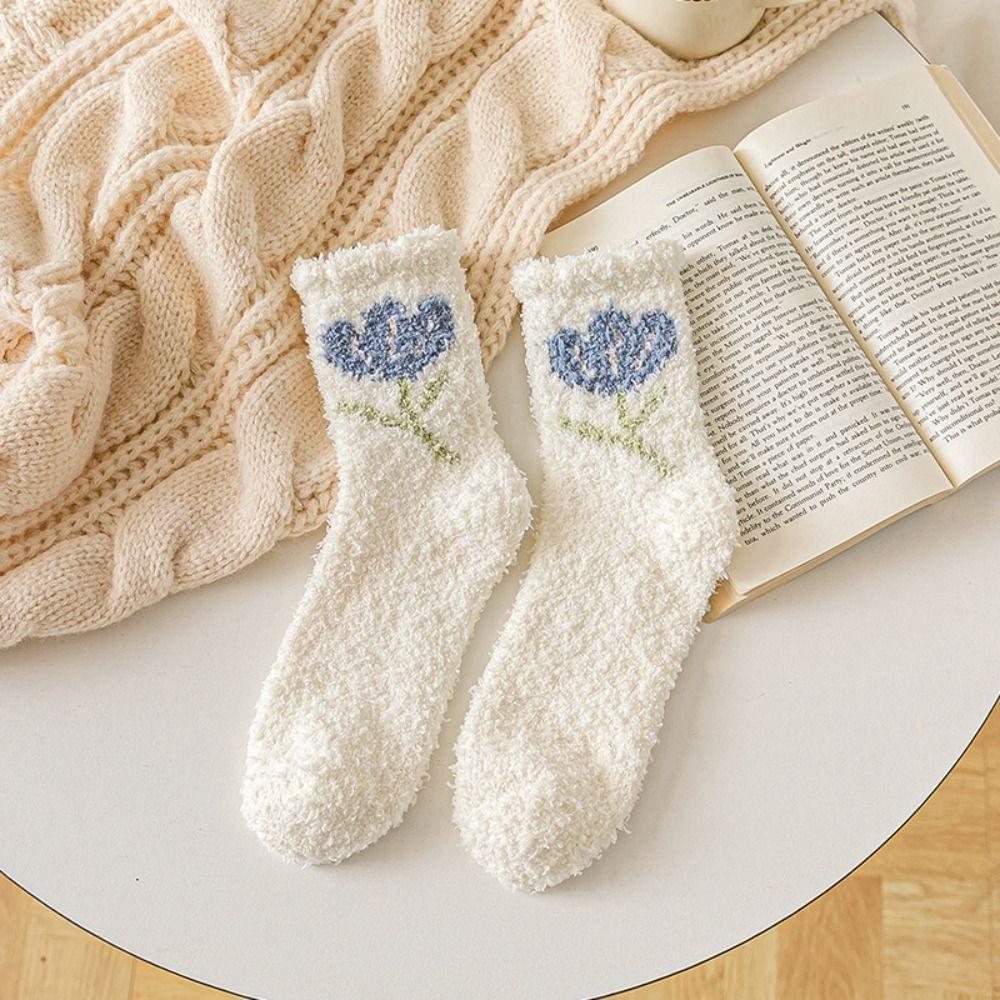 Warm Autumn Flower Trendy Tulips Pattern Sweet Thick Coral Velvet Middle Tube Korean Style Socks Female Socks