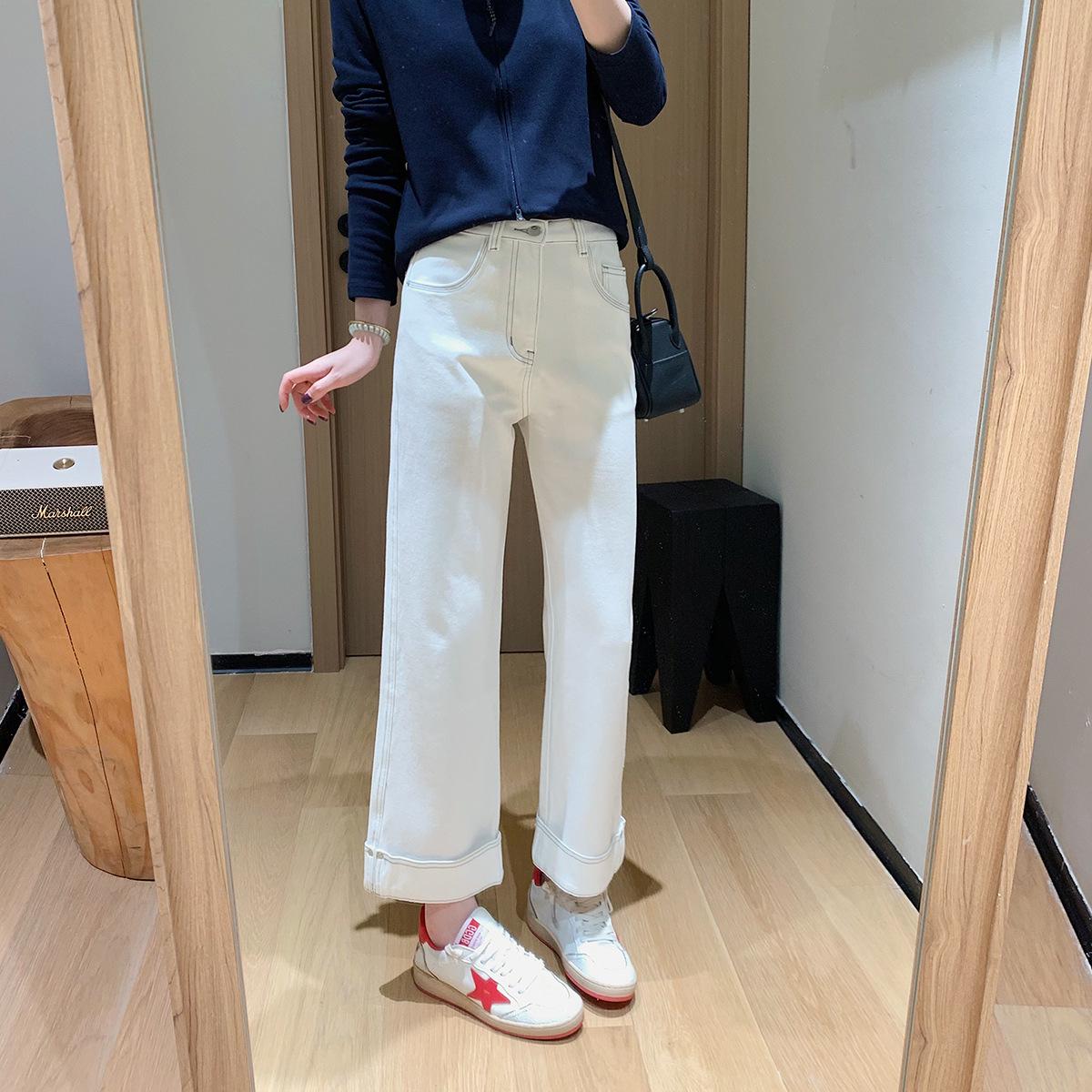Autumn Women s Wide-Leg Rivet Fold Jeans with Retro Side Stripe and Four-Way Stretch. 25 белый