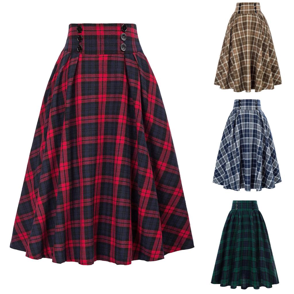 Vintage Women Plaid Skirt Fashion Casual Pockets Vintage High Waist Checked Pleated Skirt Spring Autumn Female Midi Skirts