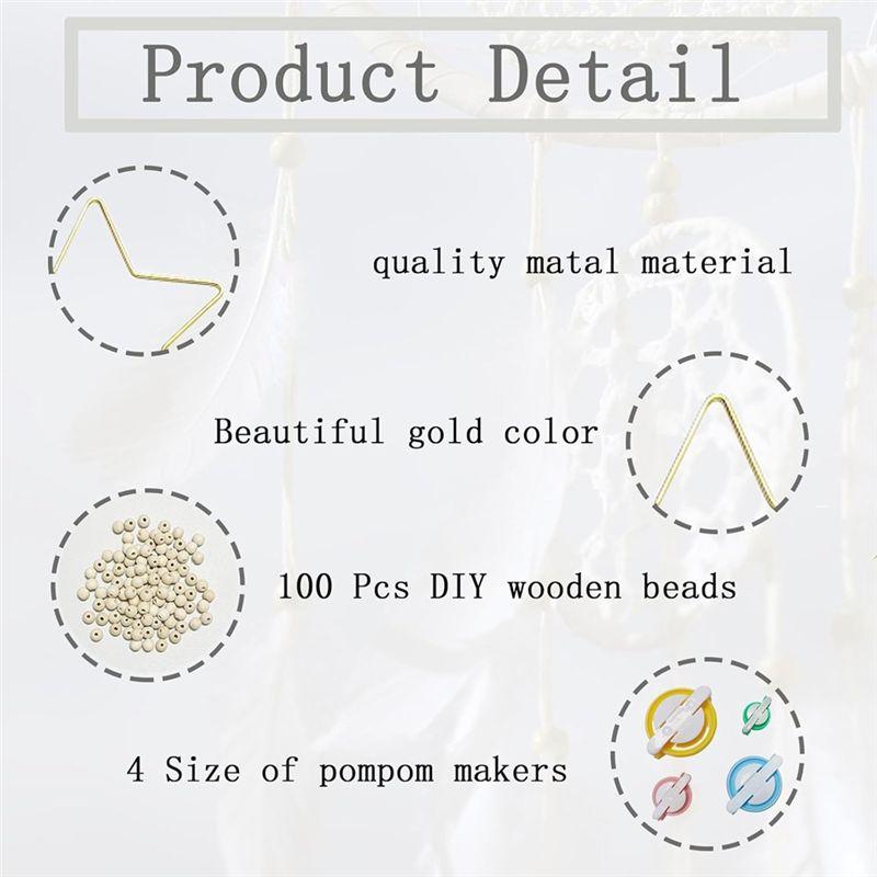 AEE4-Dream Catcher Rings Set, Metal Hoops For Crafts, 6 Inches Macrame Rings Gold, 5 Shapes Metal Hoops 4 Size Pompom Makers