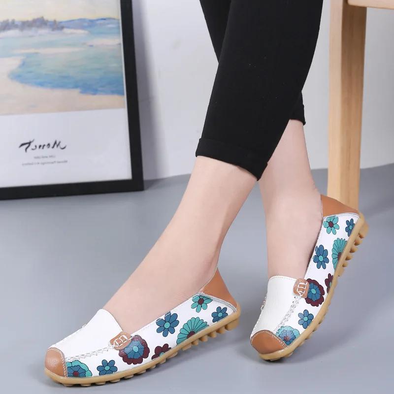 Women Flats Shoes 2025 New Fashion Ballet Summer Flower Print Women Shoes Genuine Leathe Loafers Ladies Flats Shoes Women