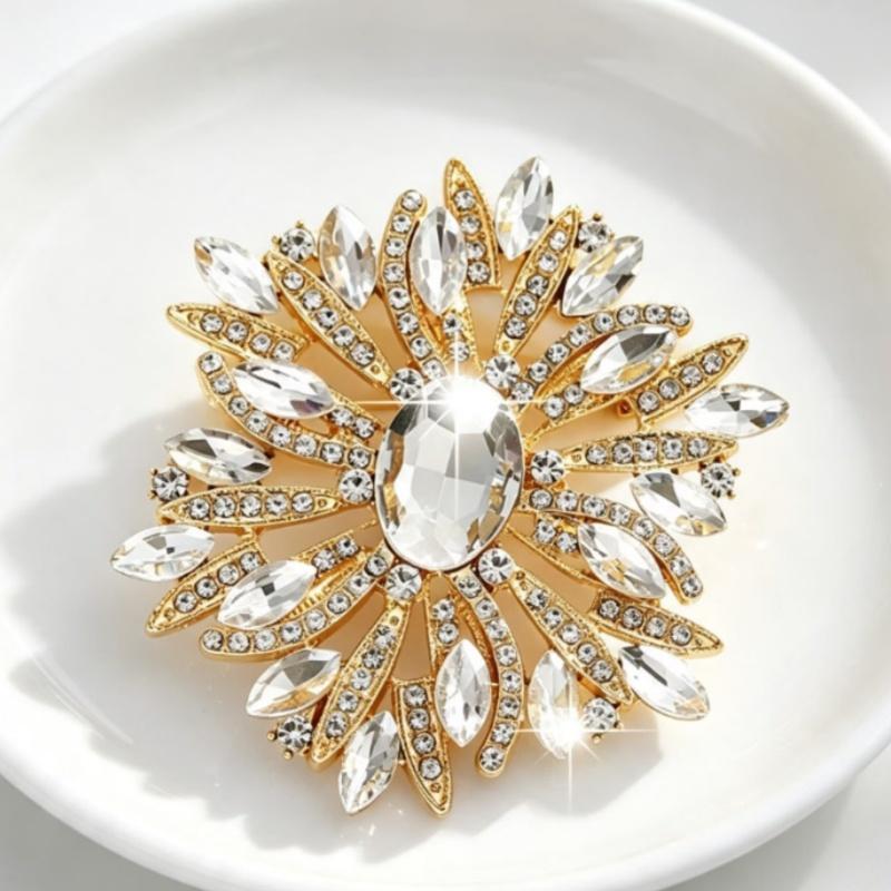 Multicolor Rhinestone Flower Brooch Shiny Crystals Gold Plated Frame For Wedding Party Formal Outfit Accessories