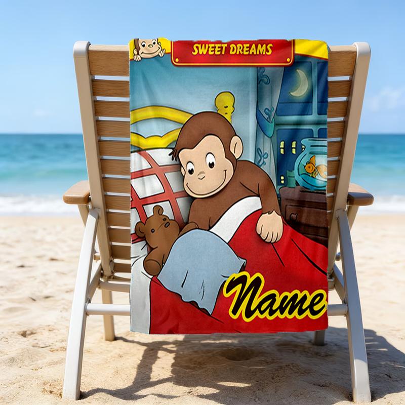 1pc Curious George8 Beach Towel with Custom Name, Beach/Swimming/Bath/Picnic/Camping Towel, Suitable for Seaside Beaches