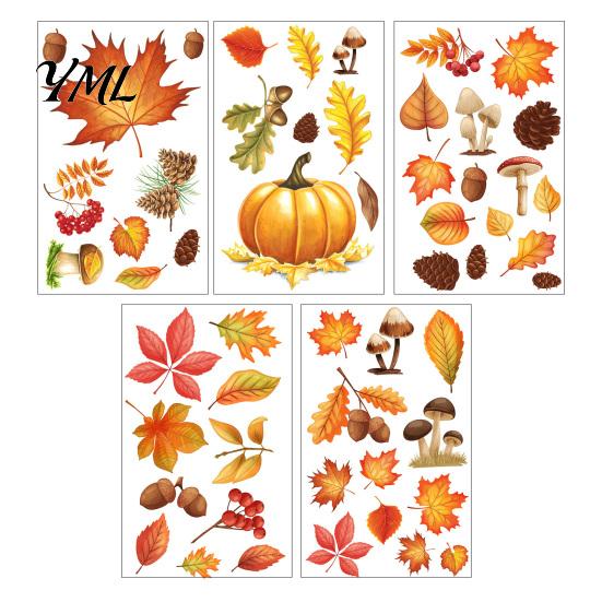 Nature Theme Window Art 5Pcs Autumn Maple Pumpkin Static Clings, Fall Harvest Stickers, Decorative PVC Glass Stickers Glue-Free Removable Decor