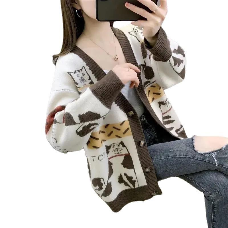Autumn and Winter Loose Knitted Sweater Versatile Wear Fashion Casual Cartoon Kitten Color Matching V-neck Sweater Jacket Women