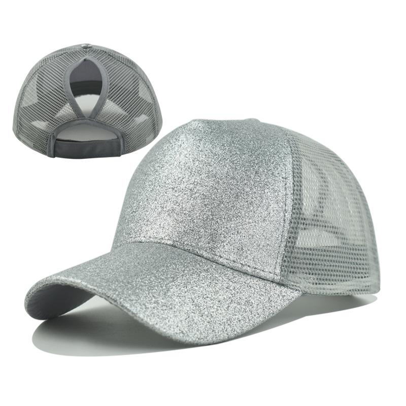 - Sequined and Mesh Fabric Baseball Cap with Exposed Ponytail. Available in Multiple Colors and Suitable for Summer.