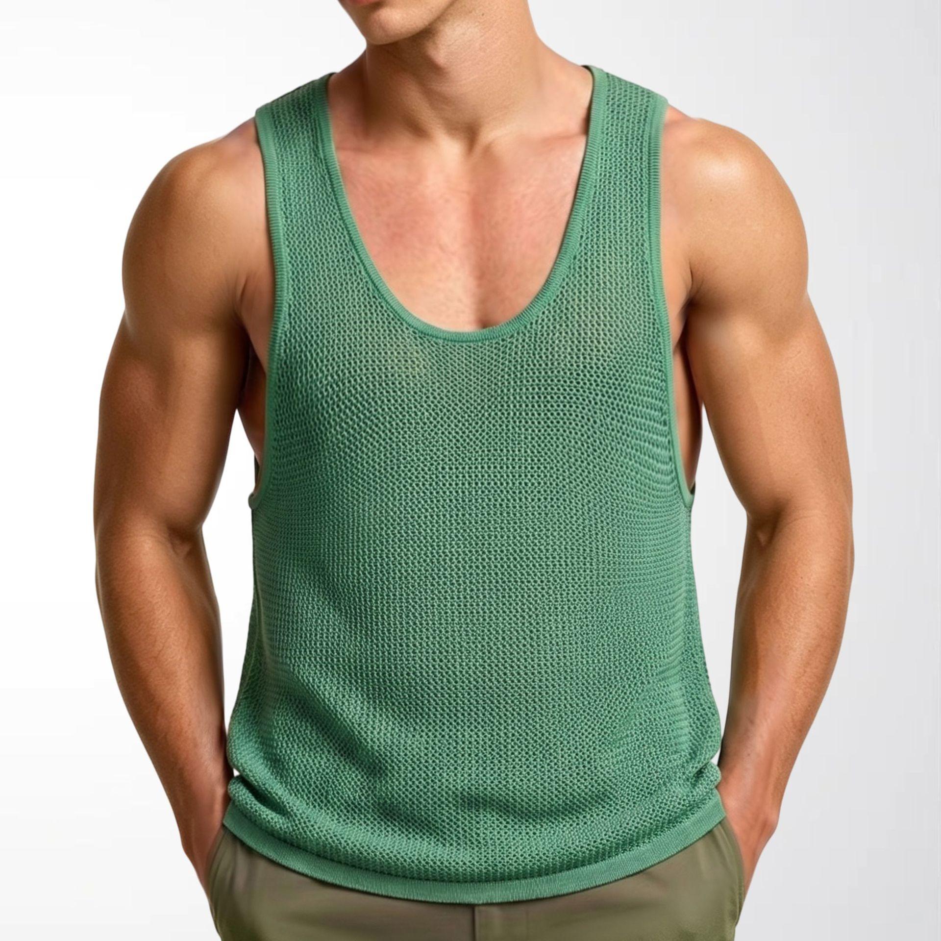

Men s Sleeveless Tank Tops Knitted Hollow Out Crochet T-Shirts Muscle Summer Vacation Beach Shirts Casual Athletic Muscle Pullover Vest Top for Male M зелёный