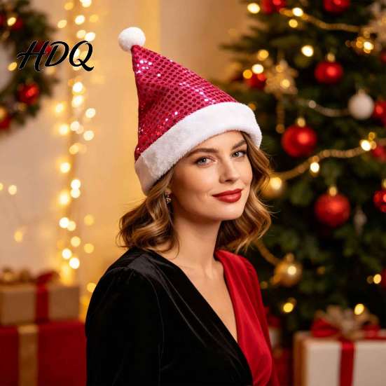 Comfortable Holiday Hat Sequined Santa for Adults Sparkling Christmas Hat Festive Party Adult Costume with Pompom New Year Celebrations Shiny