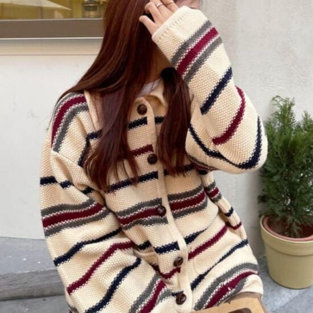 Navava Nk2810 Casual Stripe Long Sleeve Knit Cardigan