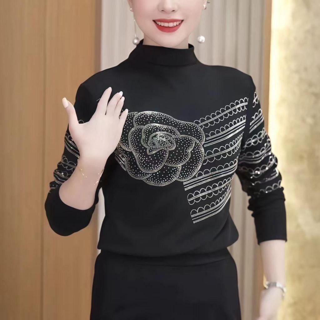 Elegant Rhinestone Half-High Collar Top for Middle-Aged Women - Autumn/Winter Fashion