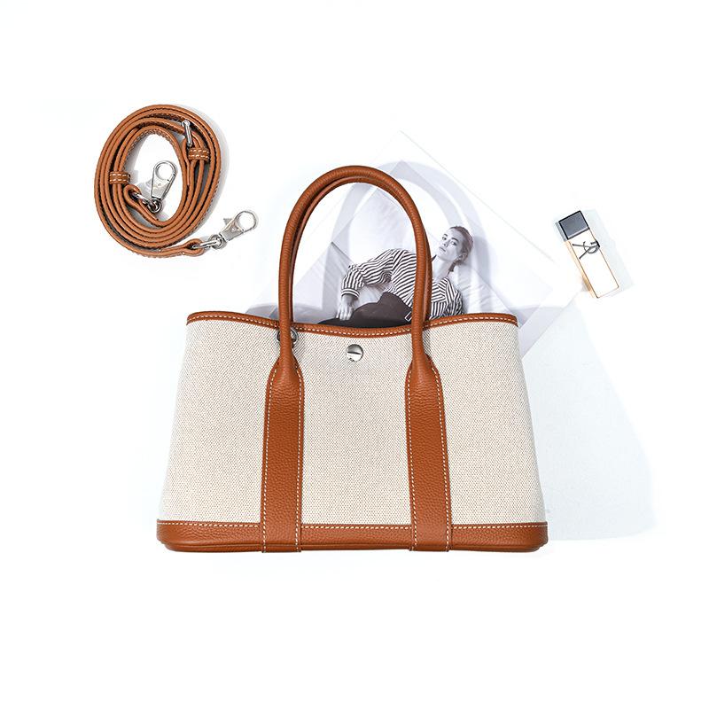 Niche high-end women's leather handbag, first-layer cowhide large-capacity canvas contrasting color garden tote bag