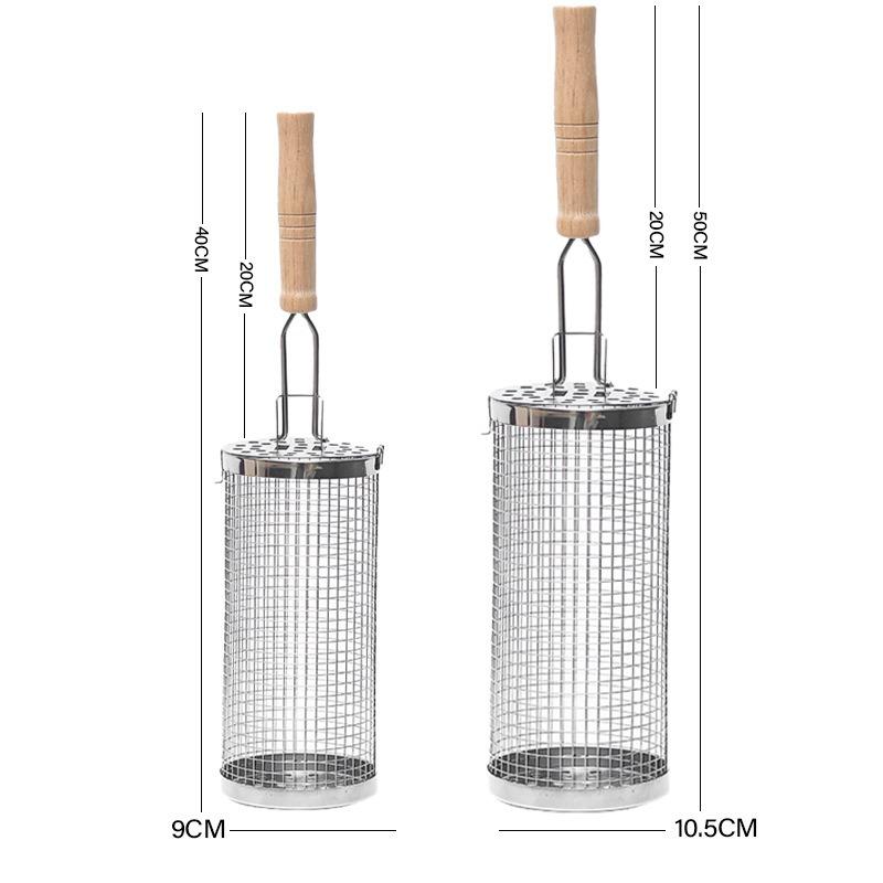 Round Barbecue Grill Basket Set Stainless Steel Rolling Steel Mesh Tube Barbecue Grill with Handle Essential for Outdoor Camping