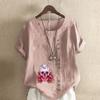Women's Fashion Round Neck Short Sleeve T-shirt Casual Cotton Linen Graphic Shirt Leisure Loose Flower Prined Summer Blouse Tops