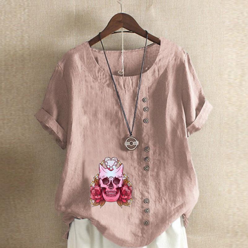 Women's Fashion Round Neck Short Sleeve T-shirt Casual Cotton Linen Graphic Shirt Leisure Loose Flower Prined Summer Blouse Tops