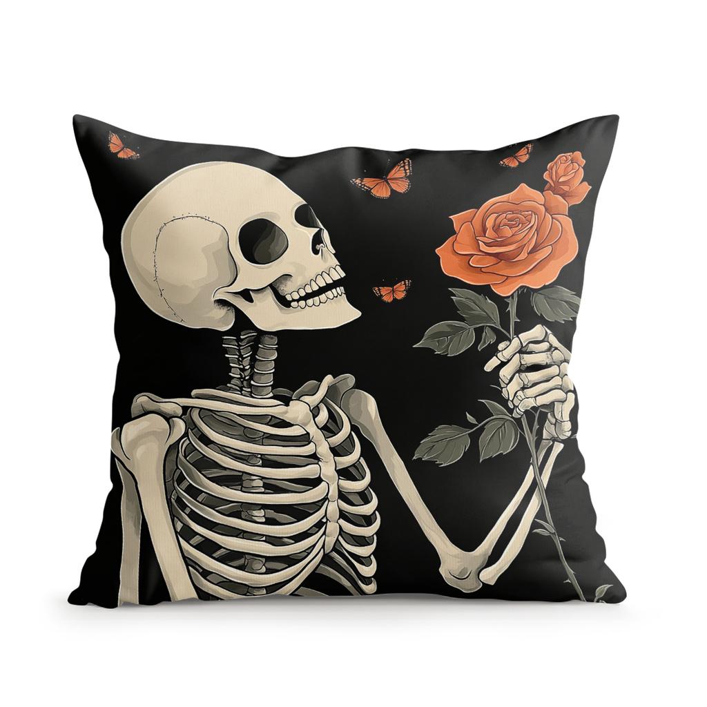 Home Decor Skeleton & Rose Halloween Themed Pillow Covers Pattern Cushion Cover Suitable For Sofa Bedroom Car Pillow Cover