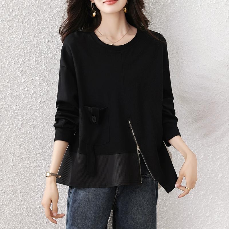 

Dimanaf 2025 Осень Пуловер Футболка Женская Карманы на молнии Асимметричный Длинный рукав Свободный Белый Черный One Size чёрный